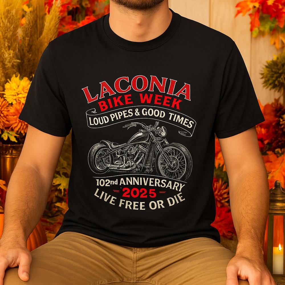 

Laconia Bike Week 2025 Shirt – 102nd Anniversary Biker Tee, Loud Pipes Ride NH Unisex T-Shirt XXL