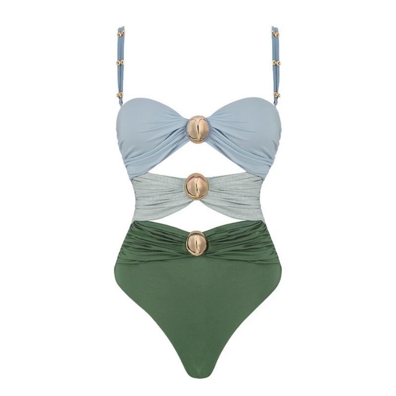Europäischer und Amerikanischer Neuer Spleiß-Metallverschluss Hohl Einteiliger Badeanzug Damen Hohe Taille und Dünn High-End Bikini