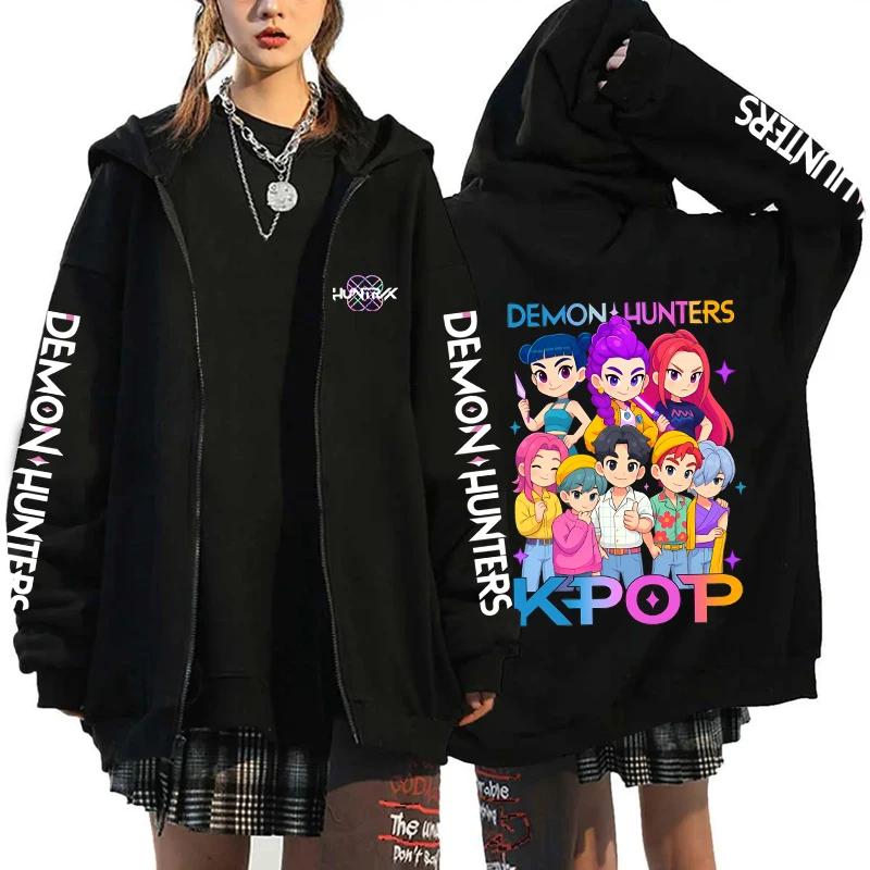 Hot Kpop Demon Hunters Printed Hoodies Hip-hop Zipper Hoodies Autumn Winter Streetwear Sweatshirt Women Men Long Sleeve Zip Coat