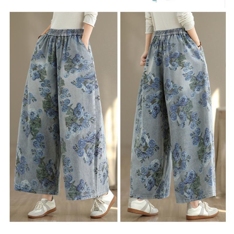 DIMANAF Plus Size Autumn 2025 Jeans New Long Pants Women Loose Denim Trousers Big Size Casual Floral Print