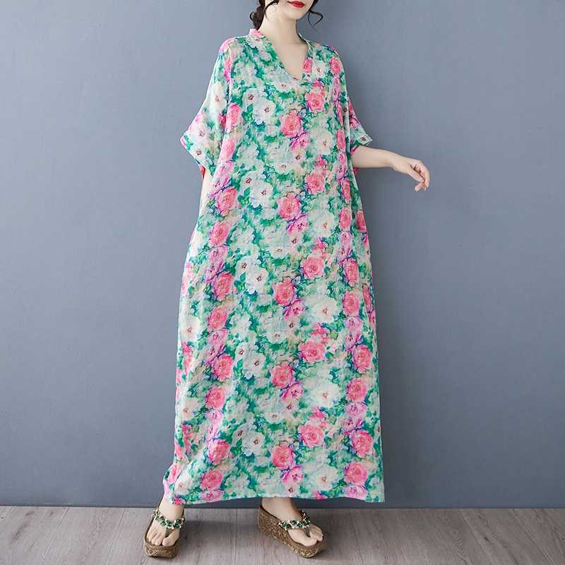 Summer Color Travel V-neck Retro Long Skirt Cotton Linen Dress