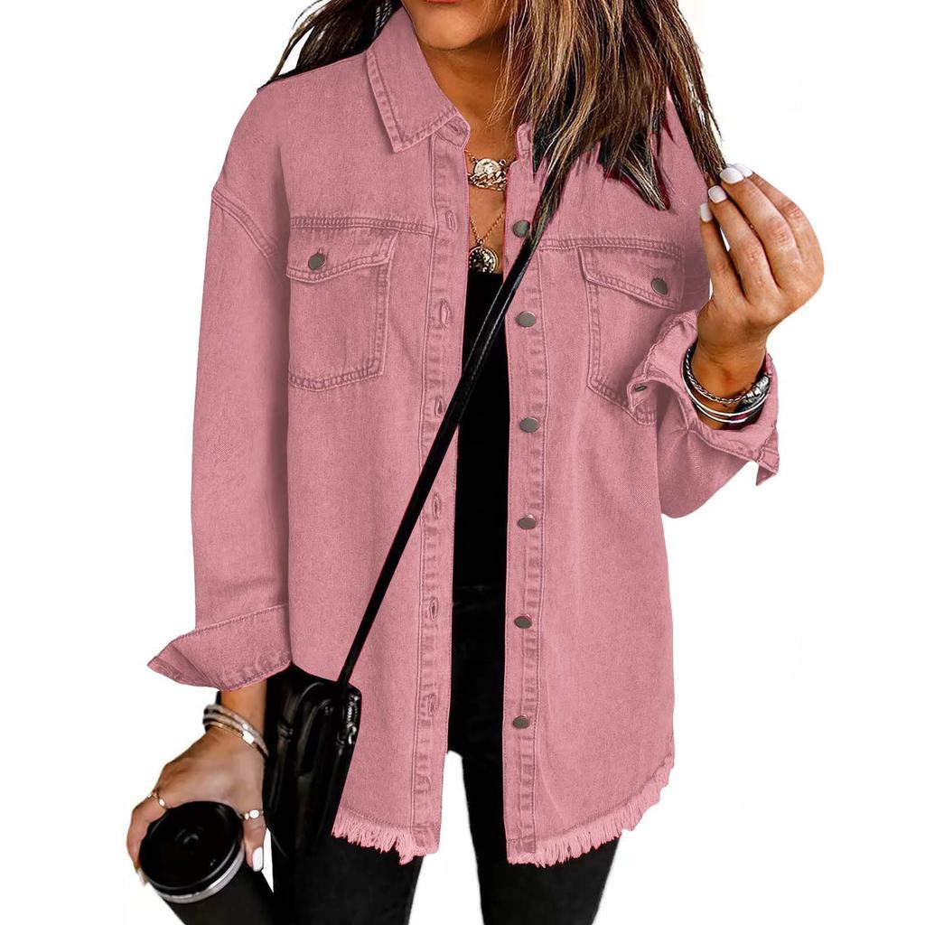 Women's Fashion Washed Denim Shirt Jacket With Frayed Hem Solid Color Outerwear