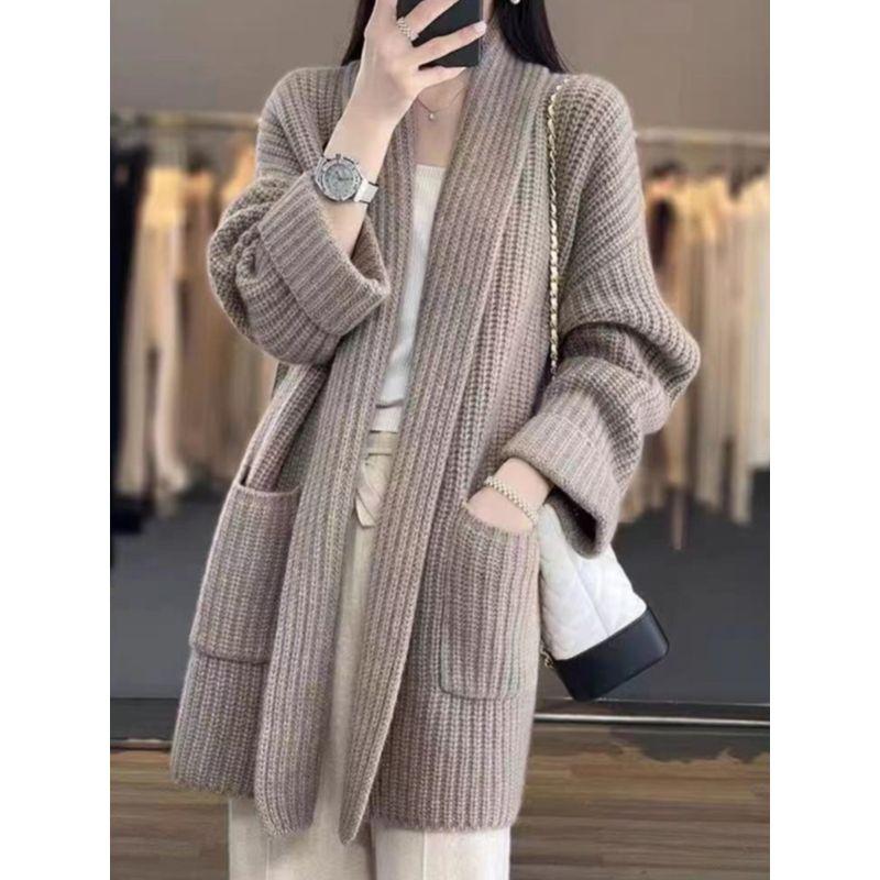 K-style Autumn and Winter Lazy Style Fashion Loose Temperament Mid Length Long Length Casual Knitting Cardigan Sweater Outwear Sweater