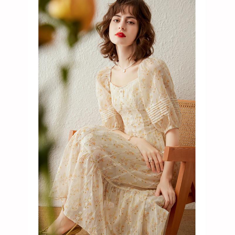 Sweet Floral Square Neck Puff Sleeve Ruffle Maxi Dress M