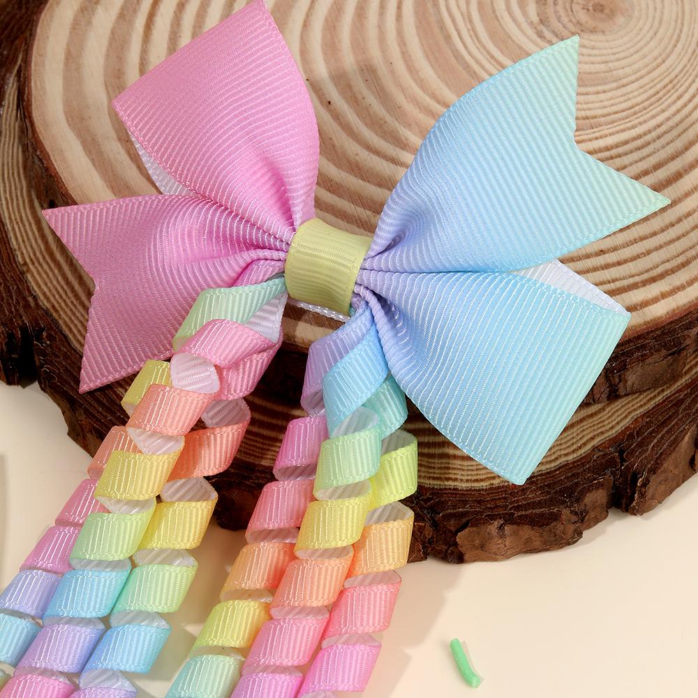 2Pcs Ribbon-Tassel Hair Clips Popular Sweet Rainbow Curly Ribbon Double Ponytail Hairpin Baby Girl Hair Accessories For Children