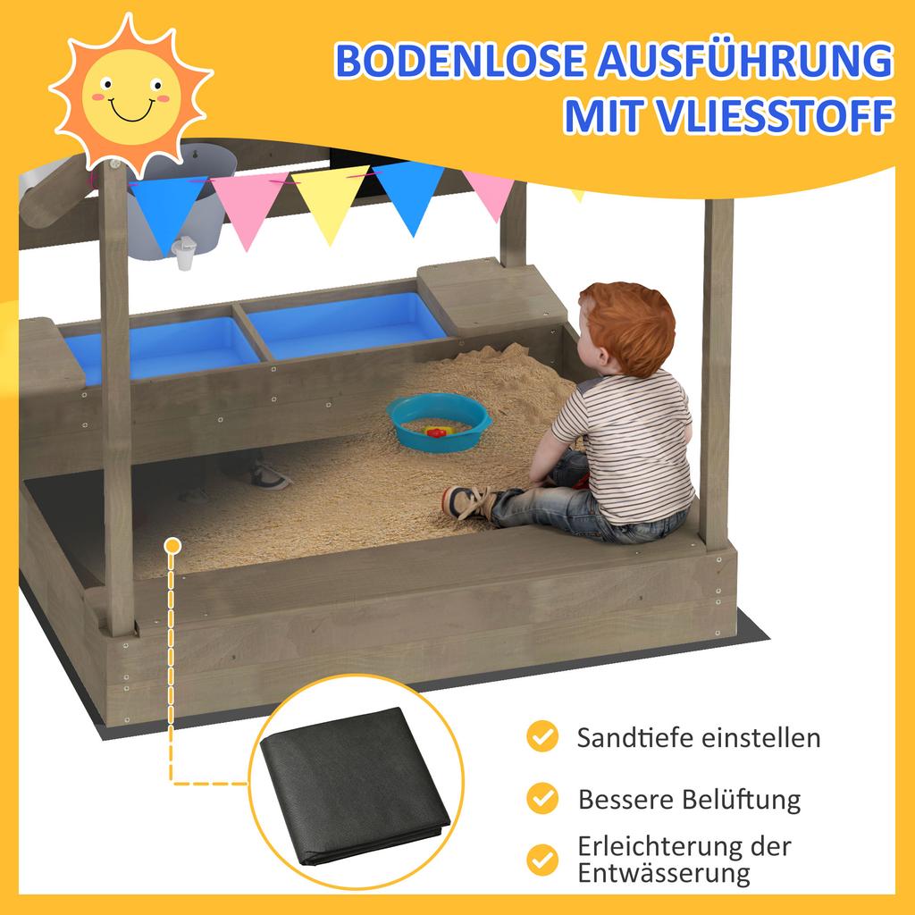 House-Designed Wooden Sandbox, Outdoor Sandpit, with Blackboard, Toys, Sink, Seats, Flags, for Ages 3-7 Years - Grey