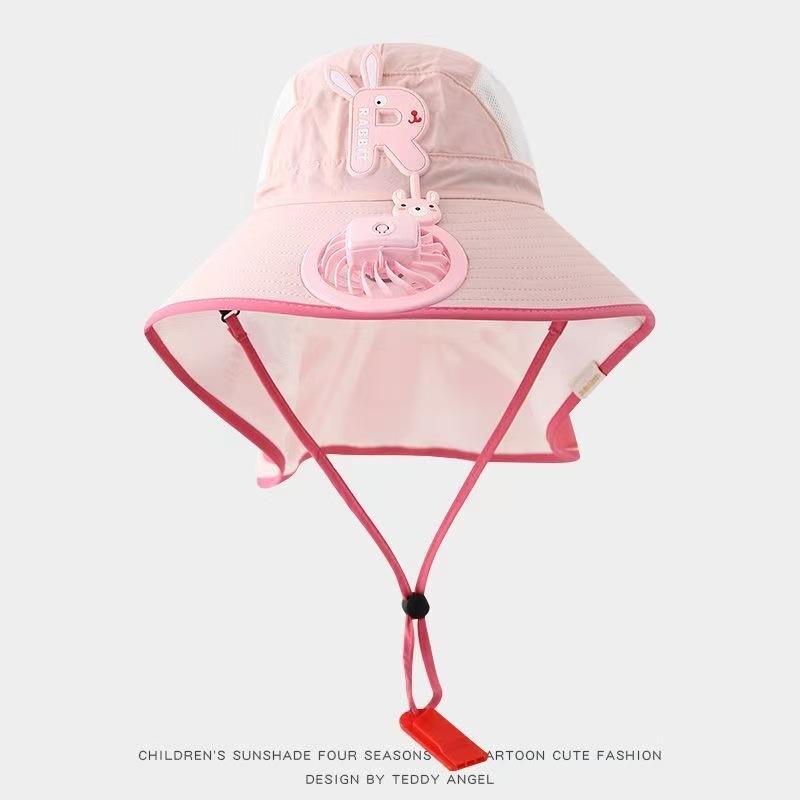 Kids Wide Brim Sun Hat Solar Rechargeable Fan Neck Flap Uv Protection For Summer Beach Activities