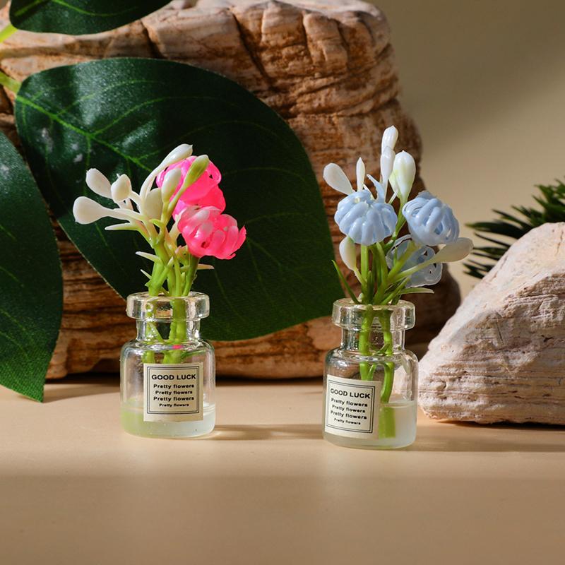 2pcs Mini Flower Vase Dollhouse Accessories Simulation Pink Rose White Jasmine Mini Floral Arrangement Miniature Model