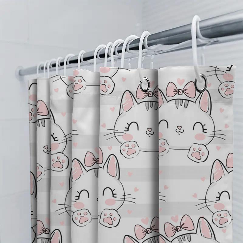 Adorable Kitten Shower Curtain Pink Bow Tails Design for Bathroom Decor White Waterproof Fabric Perfect Gift Idea for Cat Lovers