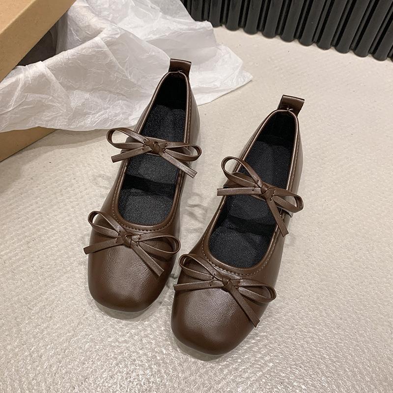 

Летне-осенние новые туфли Мэри Джейн в сказочном стиле с бантом и квадратным носком, темпераментные балетки для ношения с юбкой, женская обувь 2025 40 коричневый
