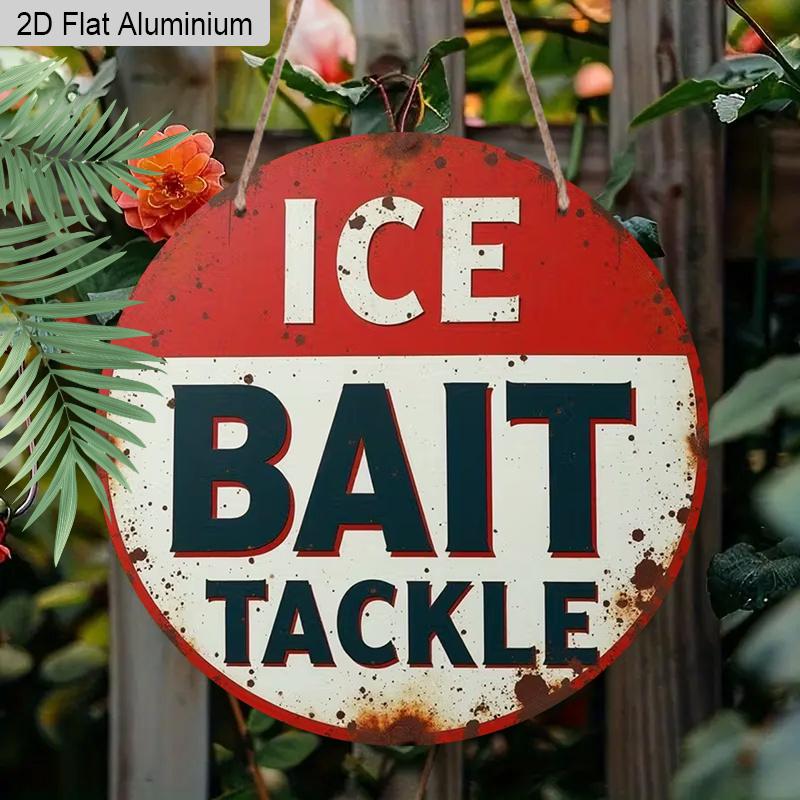 2D Flat Aluminum Rustic Fishing Tackle Shop Billboard Round Metal Sign, Fishing Aluminum Plaque for Man Cave, Garage, Lake House, Pre-Drilled Holes