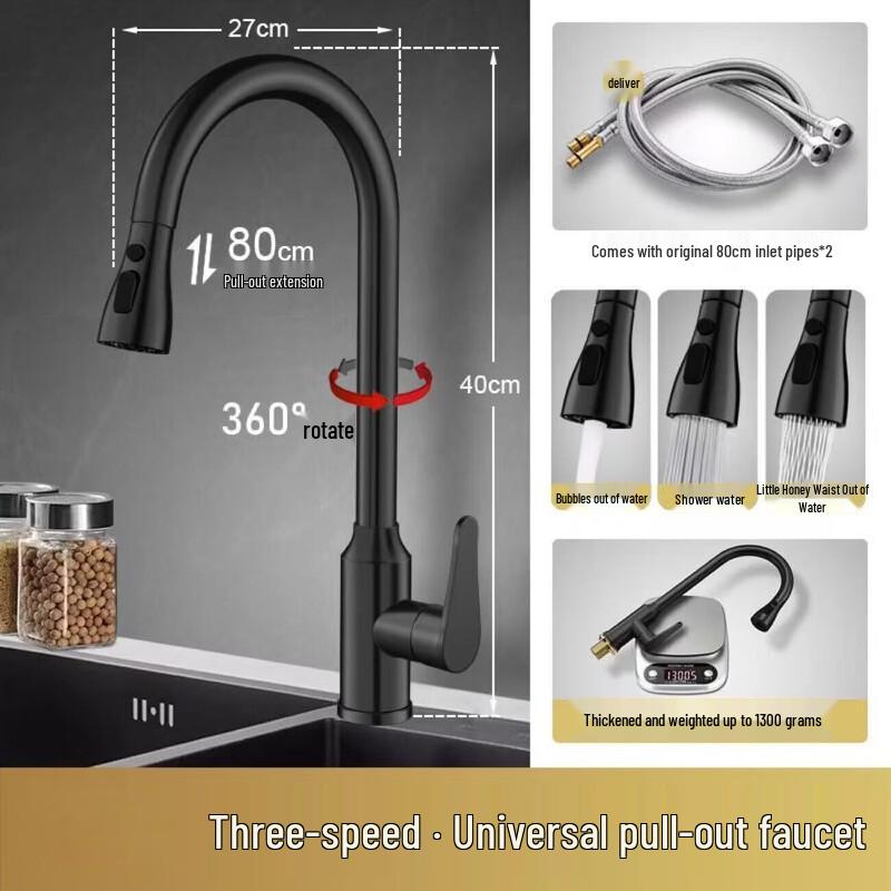 TLXT Light Luxury Gray Stainless Steel Pull-Out Kitchen Faucet