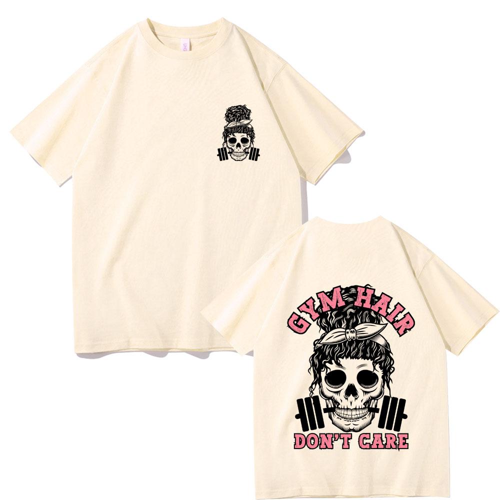 Gym Hair Dont Care Double Sided Graphic T Shirts Men Women Funny Skeleton Print Tshirt Men Women Fashion Oversized Streetwear