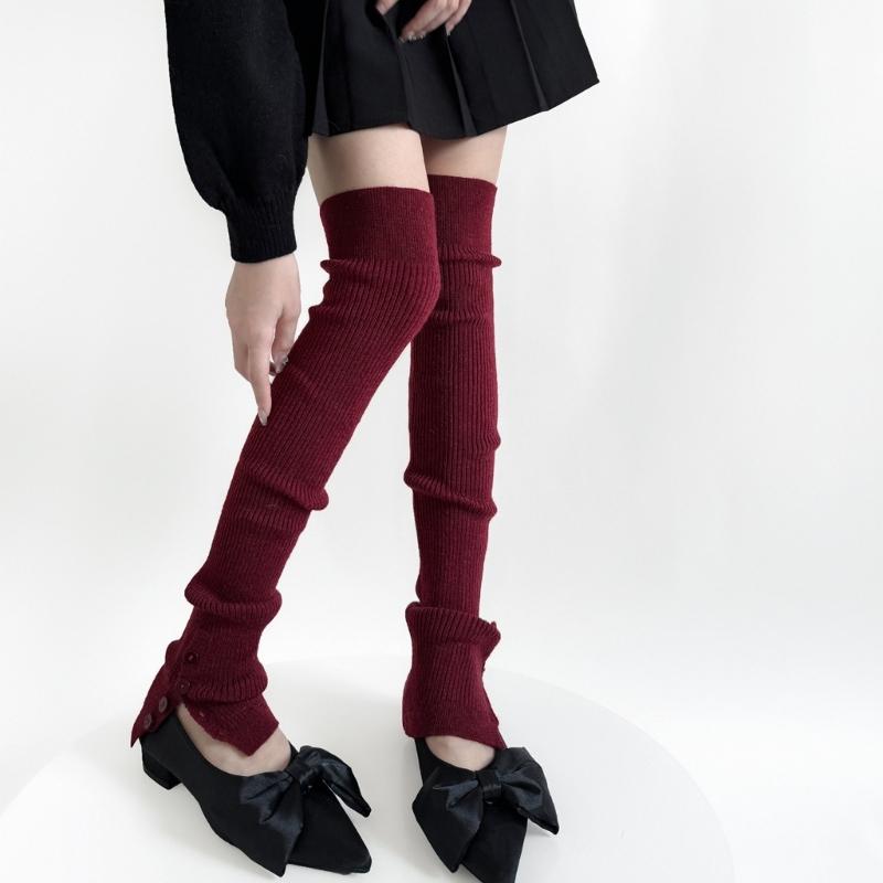 Japanese Ballet Styles Thigh High Leg Warmer Ribbed Knitted Split Buttons Over Knee Footless Socks for Fashionable Women