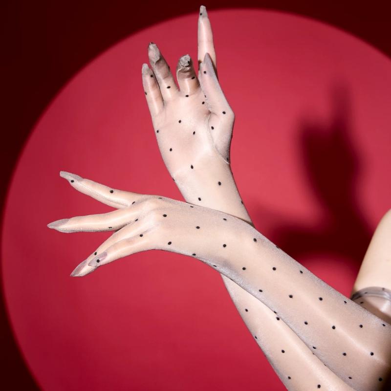 Polka Dots 3D Aurora Oil Shiny Silky Transparent Gloves Women Sexy Five Fingers Elbow Long Gloves For Pole Dance Nightclub Party