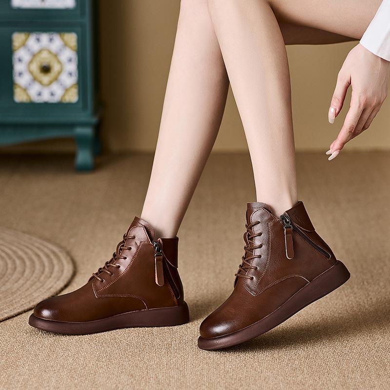 Herbst- und Winterleder-Kurzstiefel für Damen, neue Doppelreißverschluss-Martinstiefel für Damen, flacher Boden, runde Spitze, lässige Damenstiefel