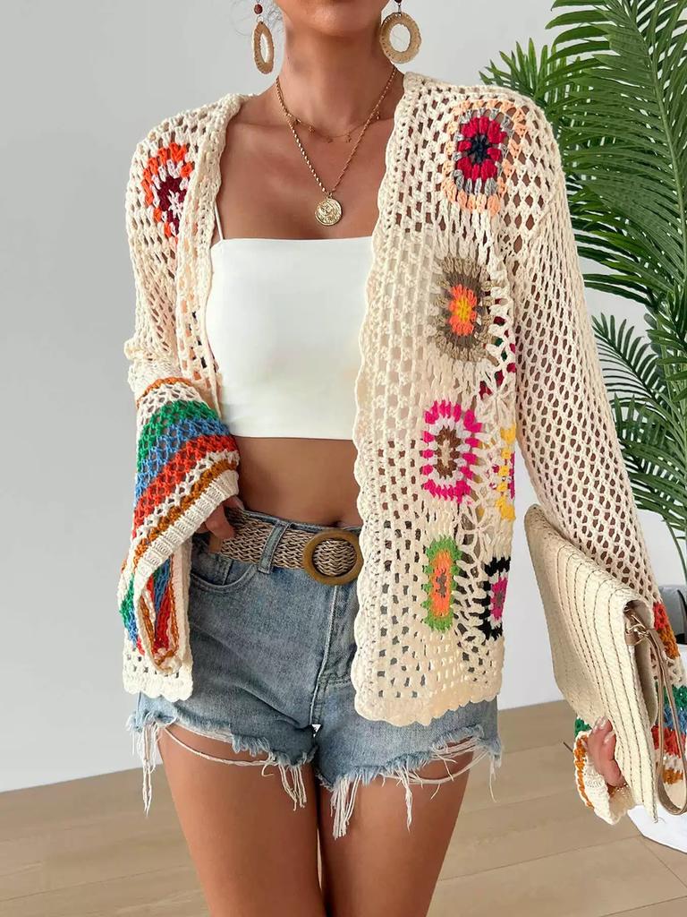 Vintage Rainbow Color Block Crochet Shawl Cardigan Loose Knit Top