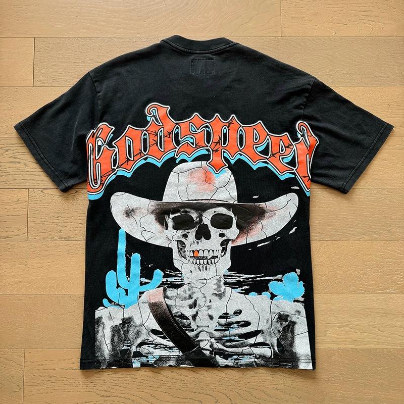 Godspeed retro printing foreign trade beauty tide high street men and women casual trend hip hop apricot old short sleeve T-shirt