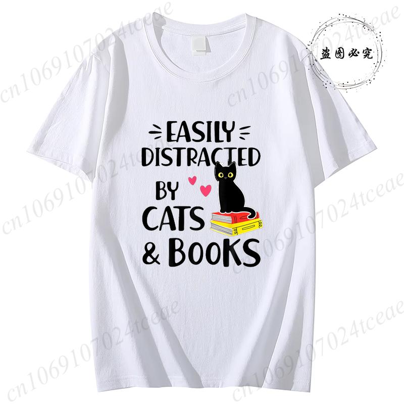 Short Sleeve Tshirt for Unisex Tee Clothes Easily Distracted By Cats and Books Tee Tops Book Reader Top Y2K Unisex Casual Clothes