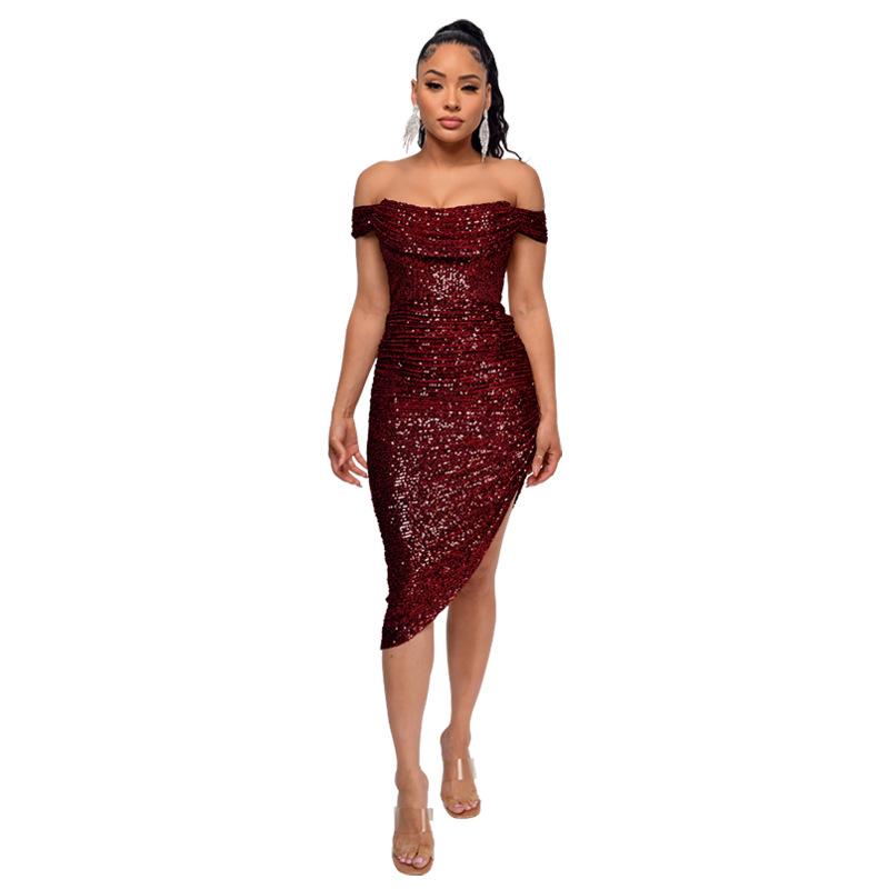 Women's Summer One-line Shoulder French Waist Dress Sequin Bag Hip Mid-length Dress