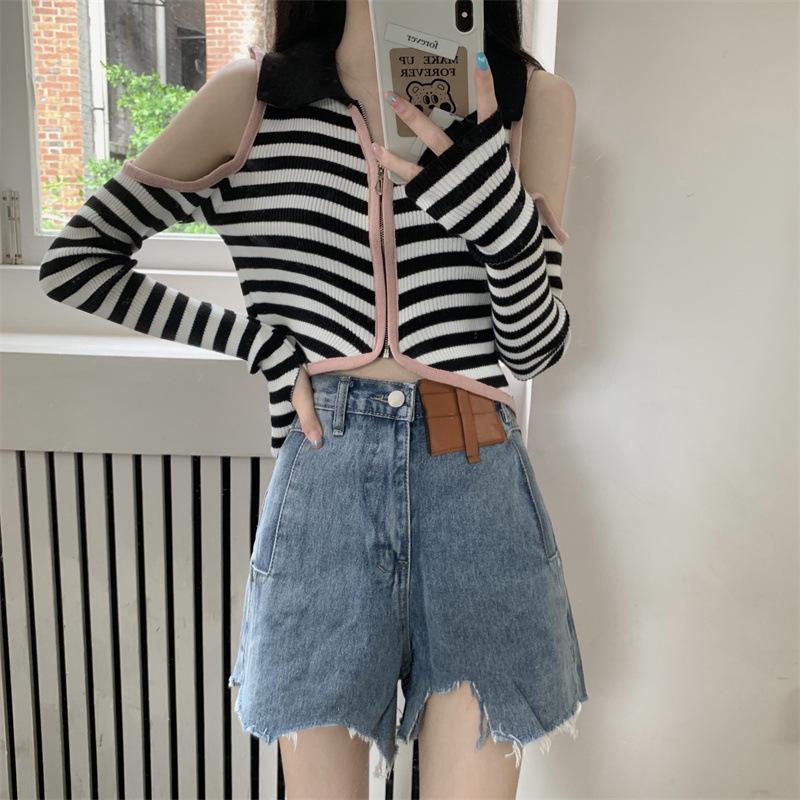Autumn Winter Polo-neck Off the Shoulder Knitting Striped Crop Top Women Long Sleeve Hollow Zipper Sweater