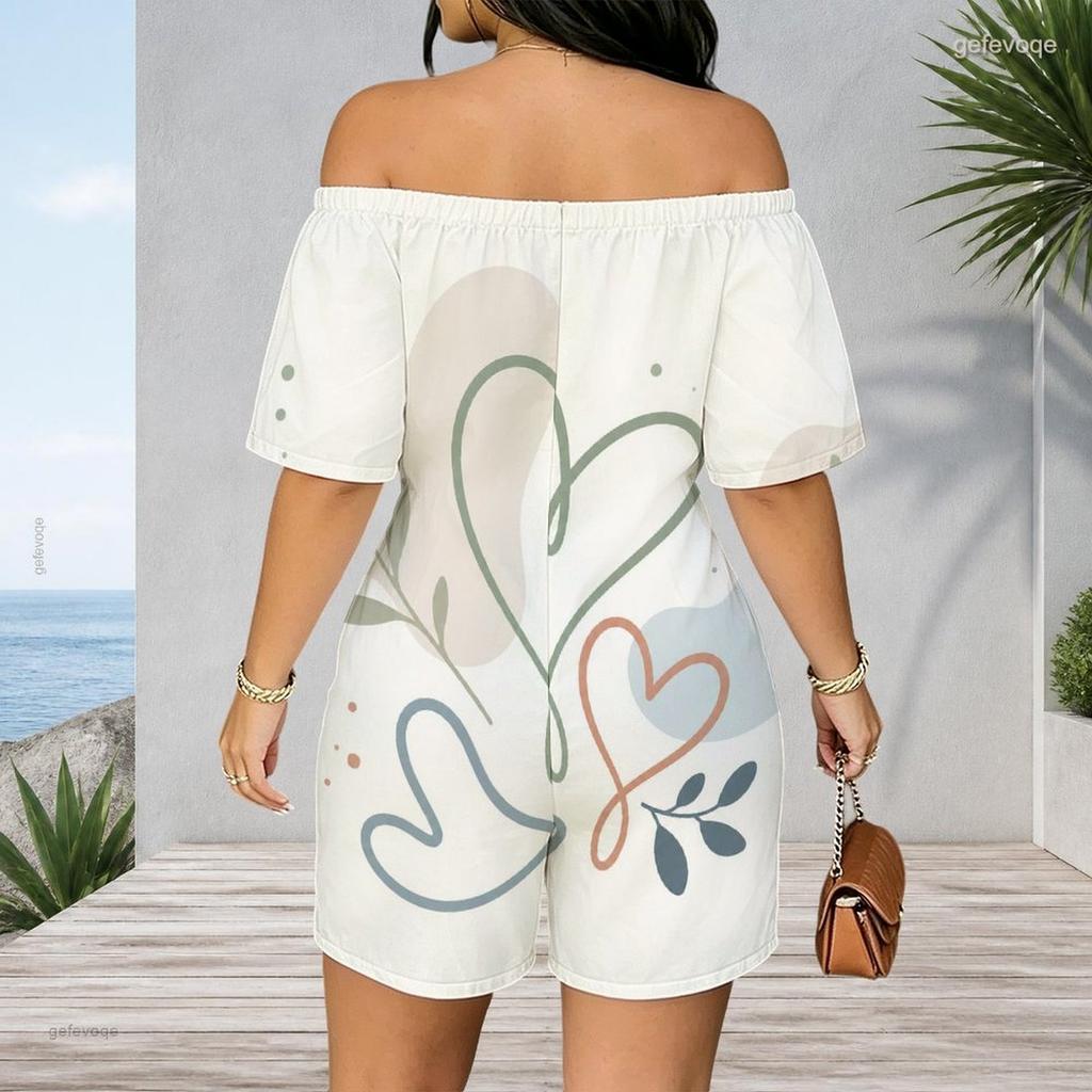 Women Plus Size Off Shoulder Short Sleeve Romper Retro Leopard Animal Print Casual Jumpsuit Shorts