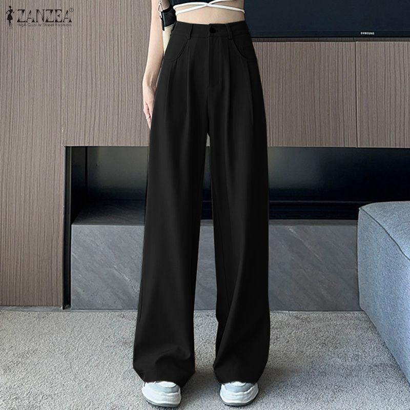 ZANZEA Women High Zip-up Waist Casual Casual Office Wide Leg Pants Trousers Nonelastic
