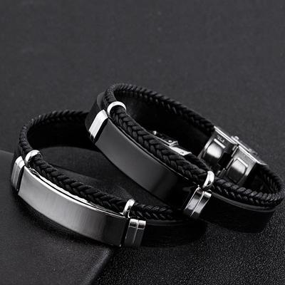 European and American Men's Retro Titanium Steel Leather Couple Stainless Steel Braided Rope Bracelet