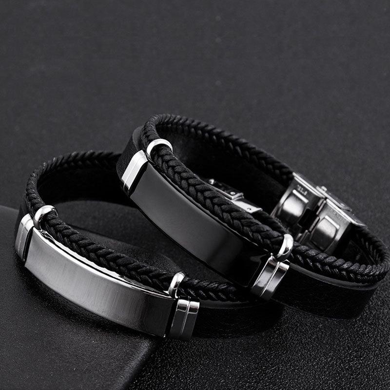 Hip Hop Punk Style Double Layer Braided Leather Bracelet Titanium Steel Chain