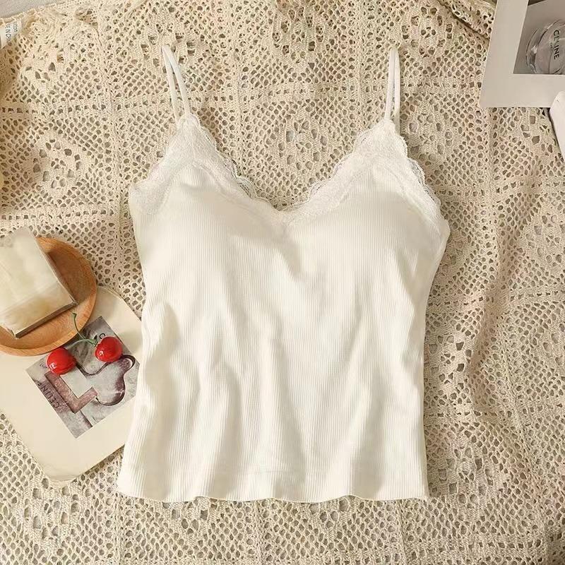 

Женские топы без рукавов, однотонные, корейская версия, V-образный вырез, тонкая модная кружевная строчка с нагрудной подкладкой, майка One Size белый