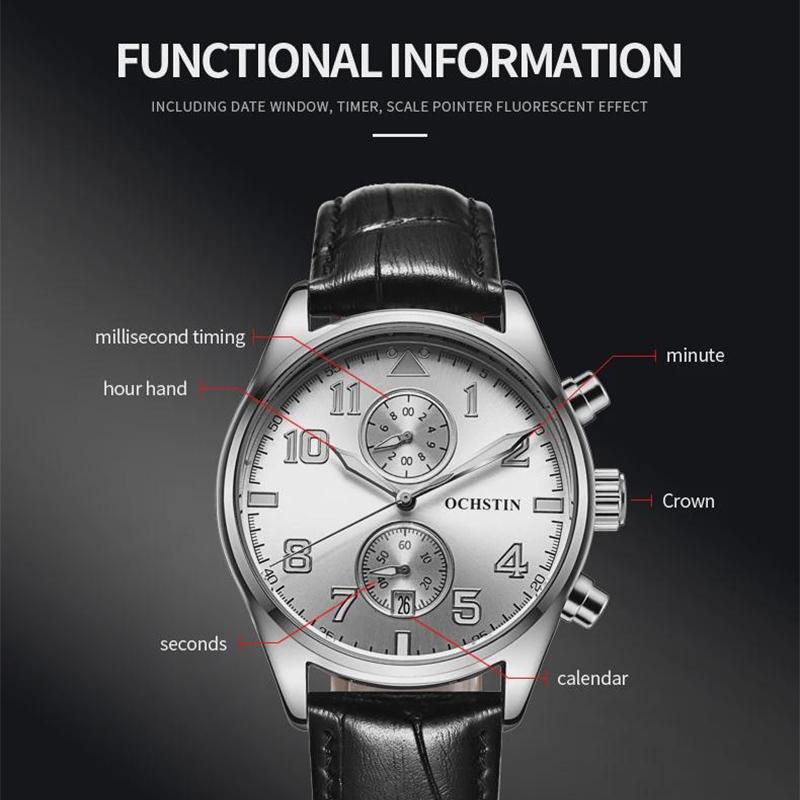 Quartz Chronograph Watch Luminous Waterproof Wrist Watch Leather Strap Date Function Pilot Style