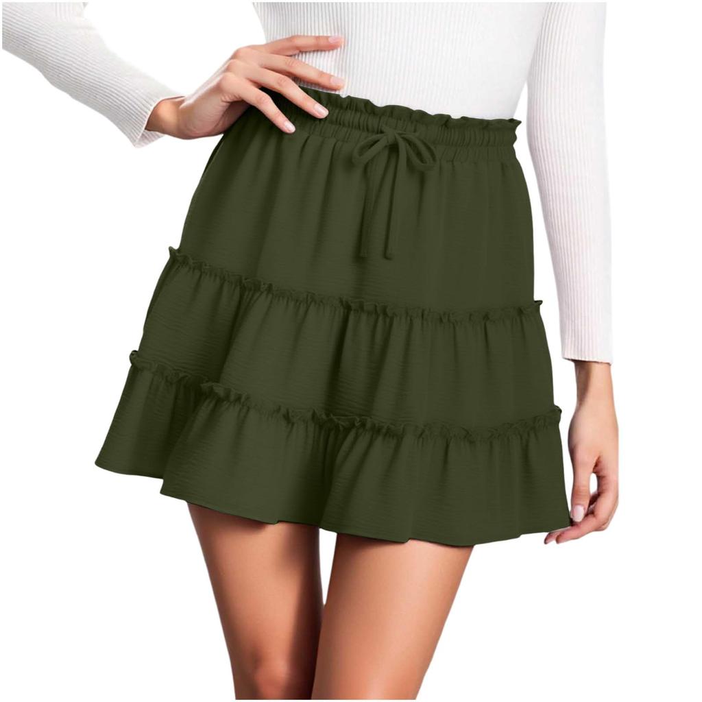 Women High Waist A-Line Skirt Elastic Waistband Tiered Ruffle Mini Skirt Casual Summer Beachwear