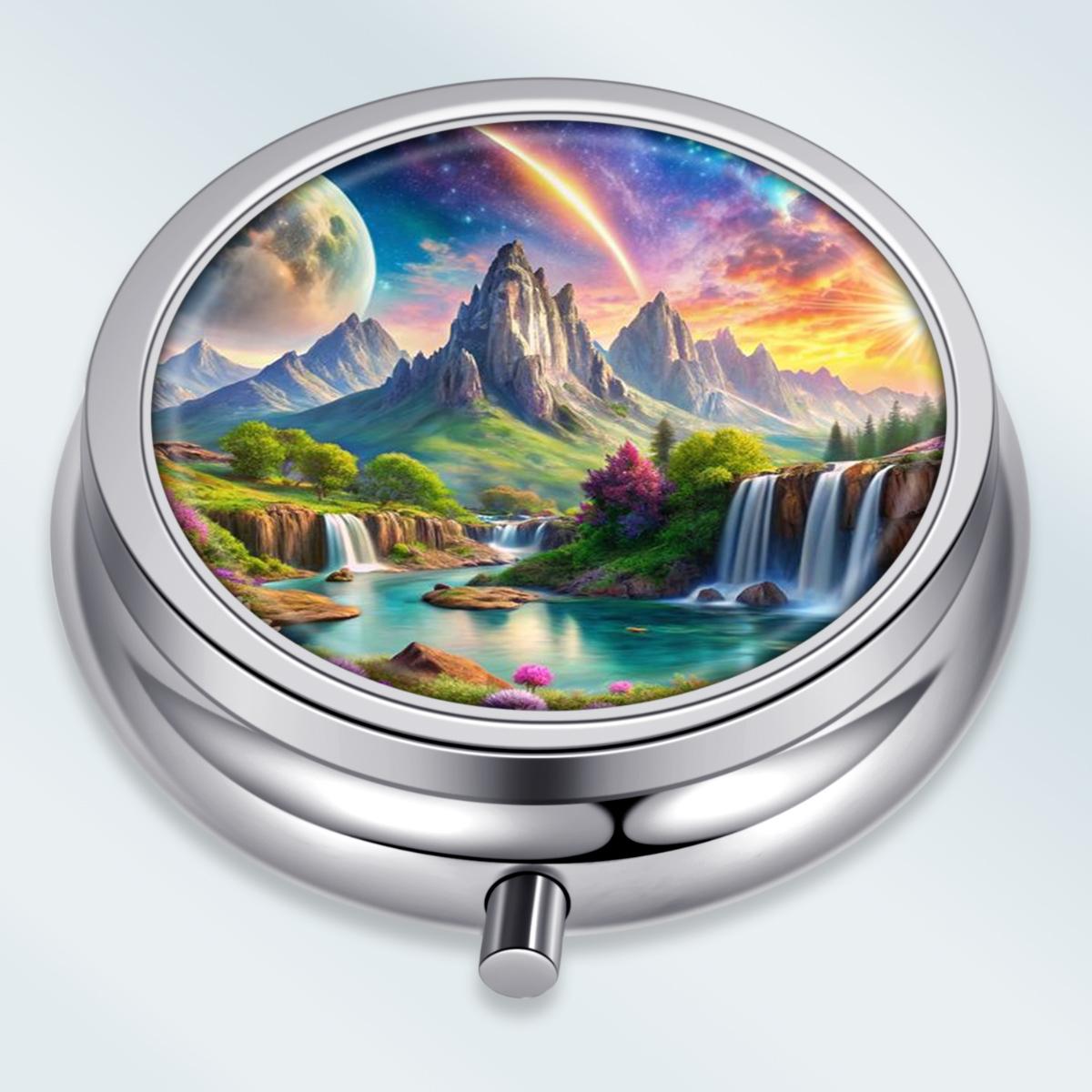 

Portable Pill Box with 3 Compartments, Mini Metal Medicine Organizer Case, Cute Printed Pill Container for Vitamins, Pills, Jewelry, Travel, Daily Use