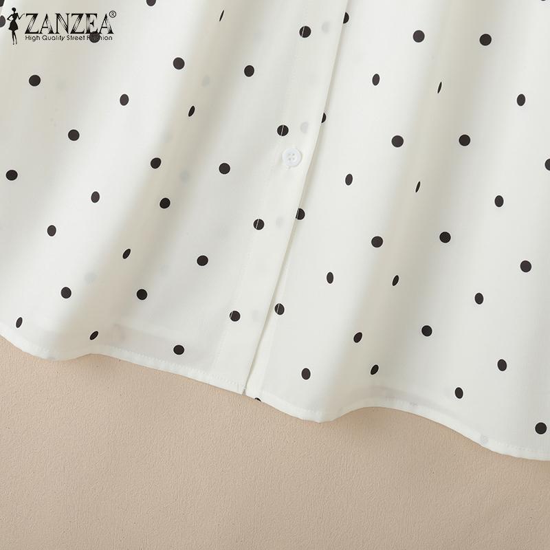 ZANZEA Women Splice Doll Collar Casual Long Sleeve Polka Dot Print Blouse