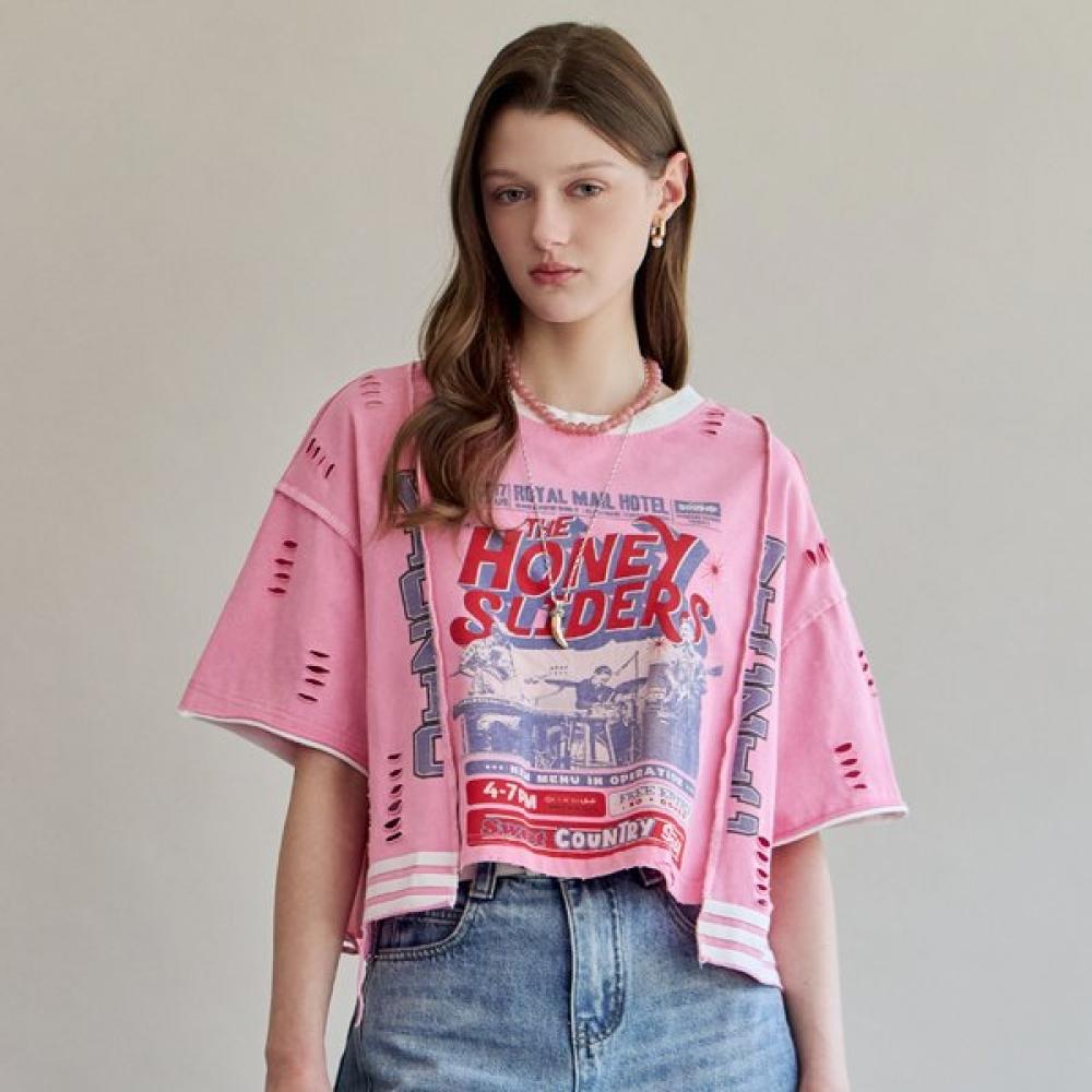 Maxza VinTage PrinTing Damage Crop T shirT zf06qT051na Pink/FREE