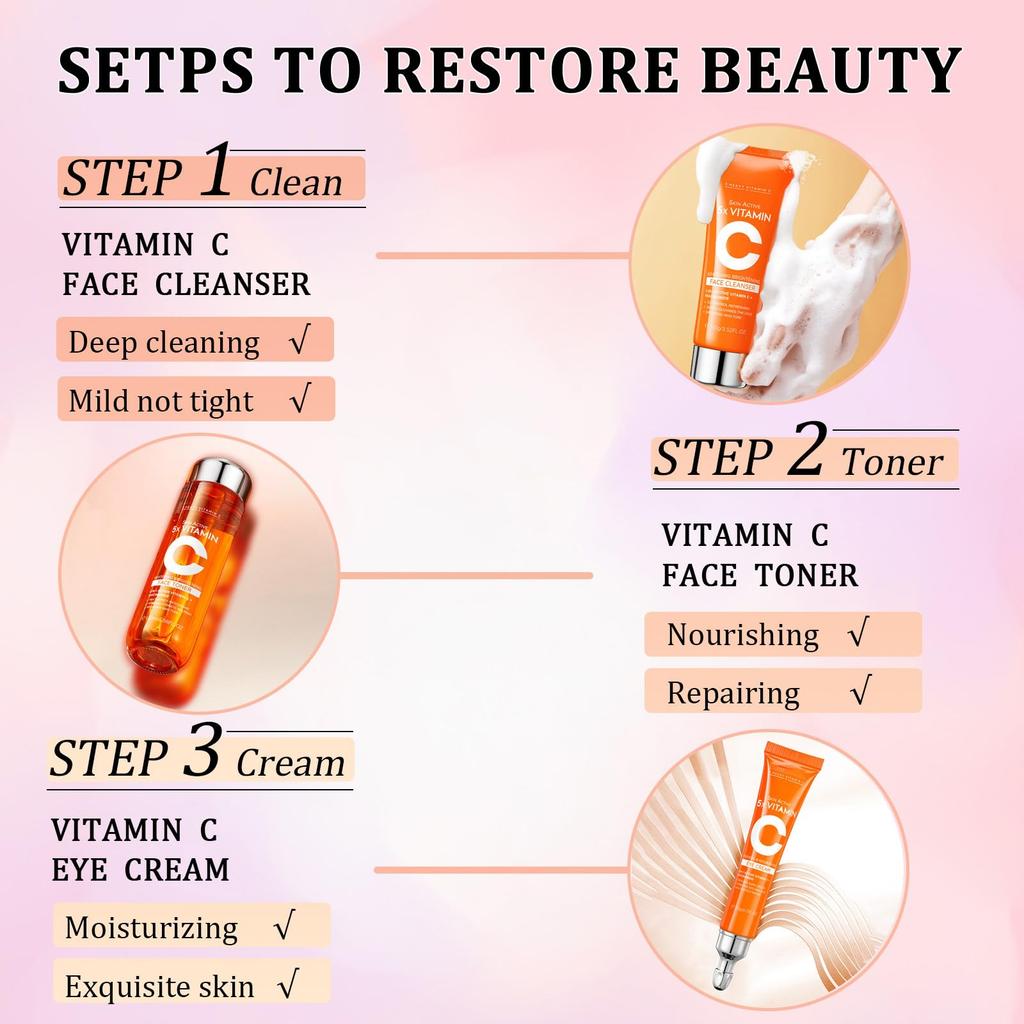 Vitamin C Skin Care Set, 6-in-1 Skin Care Set, Cleanser, Toner, Essence, Moisturizer, Eye Cream and Body Lotion, Anti-aging, Anti-wrinkle