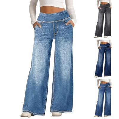 Damen Weiter Bein Entspannte Passform Jeanshose Lässig Hoher Bund Gerade Hosen Jeans
