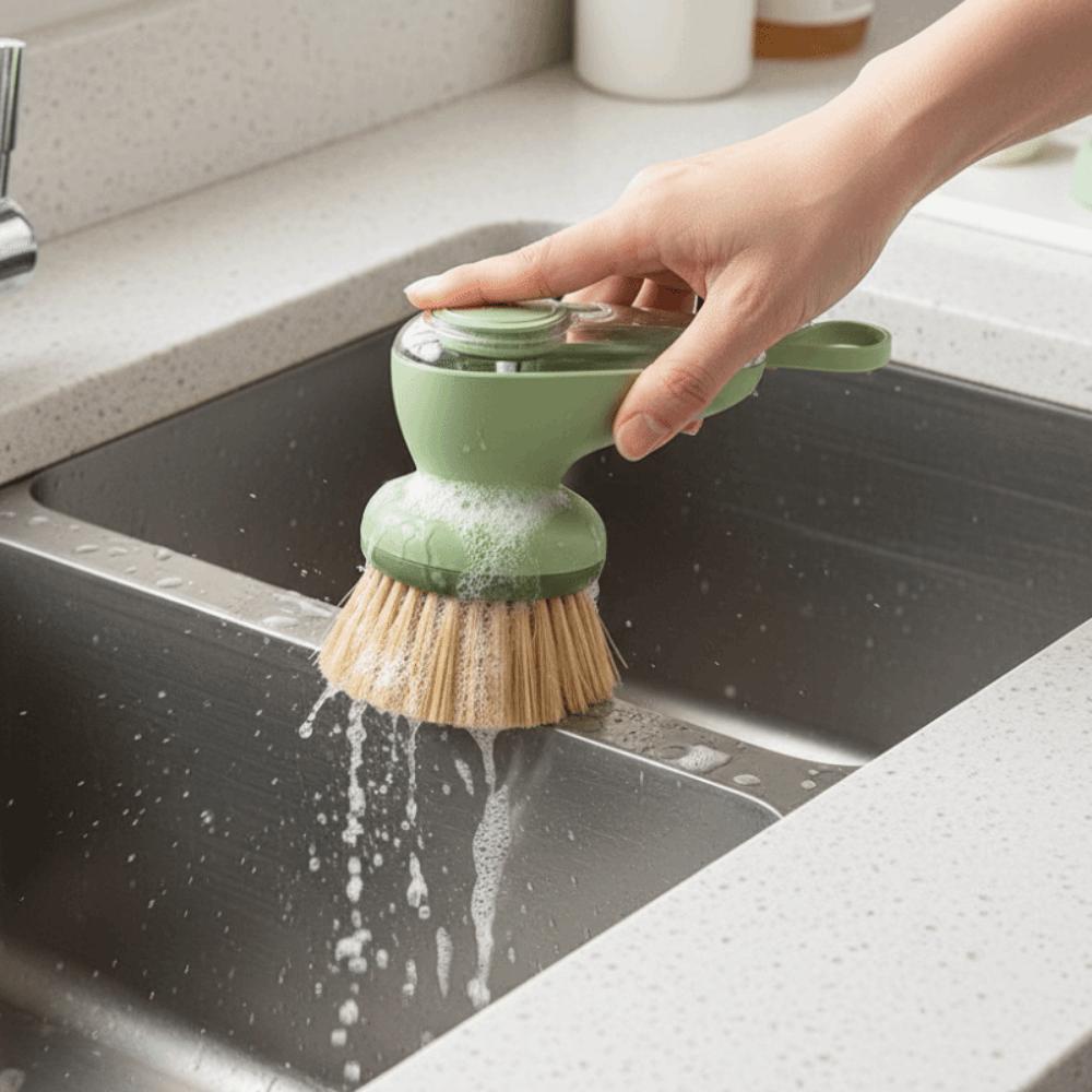 2 Stück/Set Automatischer Flüssigkeitsspender-Topf mit Druckknopf und Bürste Effizienter Küchenschwamm Geschirrreinigung