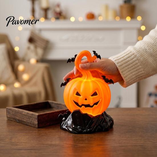 Tabletop Centerpieces for Bar 2Pcs Halloween Pumpkin Night Light, Flameless LED Candle Lamp with Bat Indoor Holiday Atmosphere Lamps Decor,