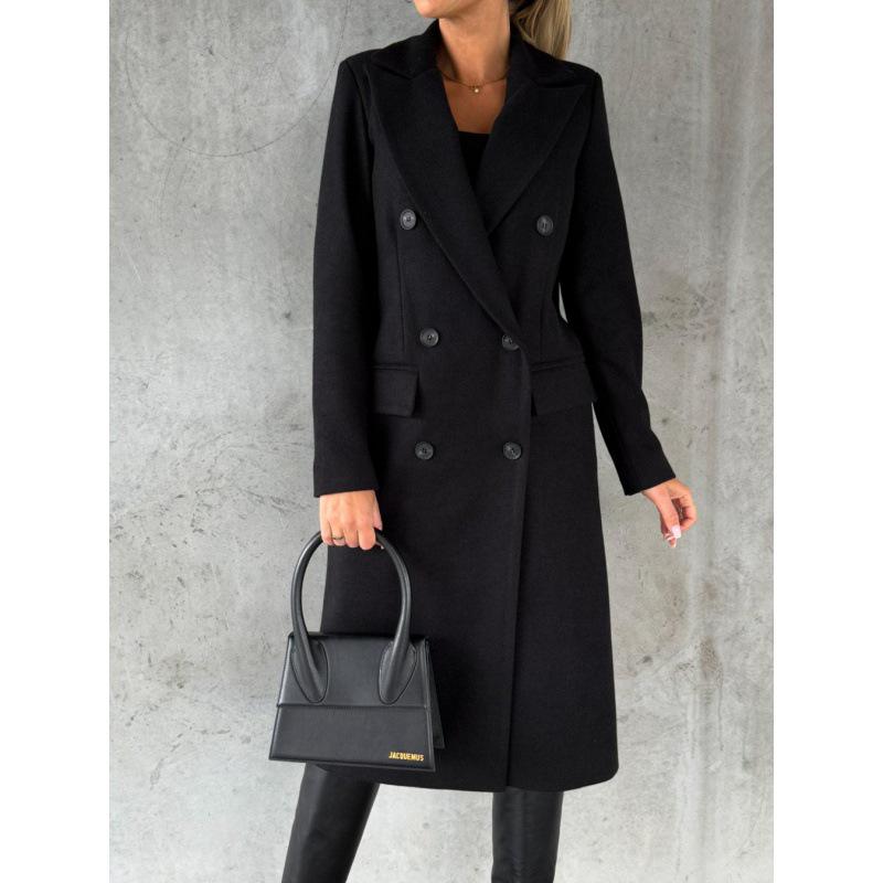 Women s Simple Long-Sleeve Double-Breasted Wool Coat for Autumn and Winter XL чёрный