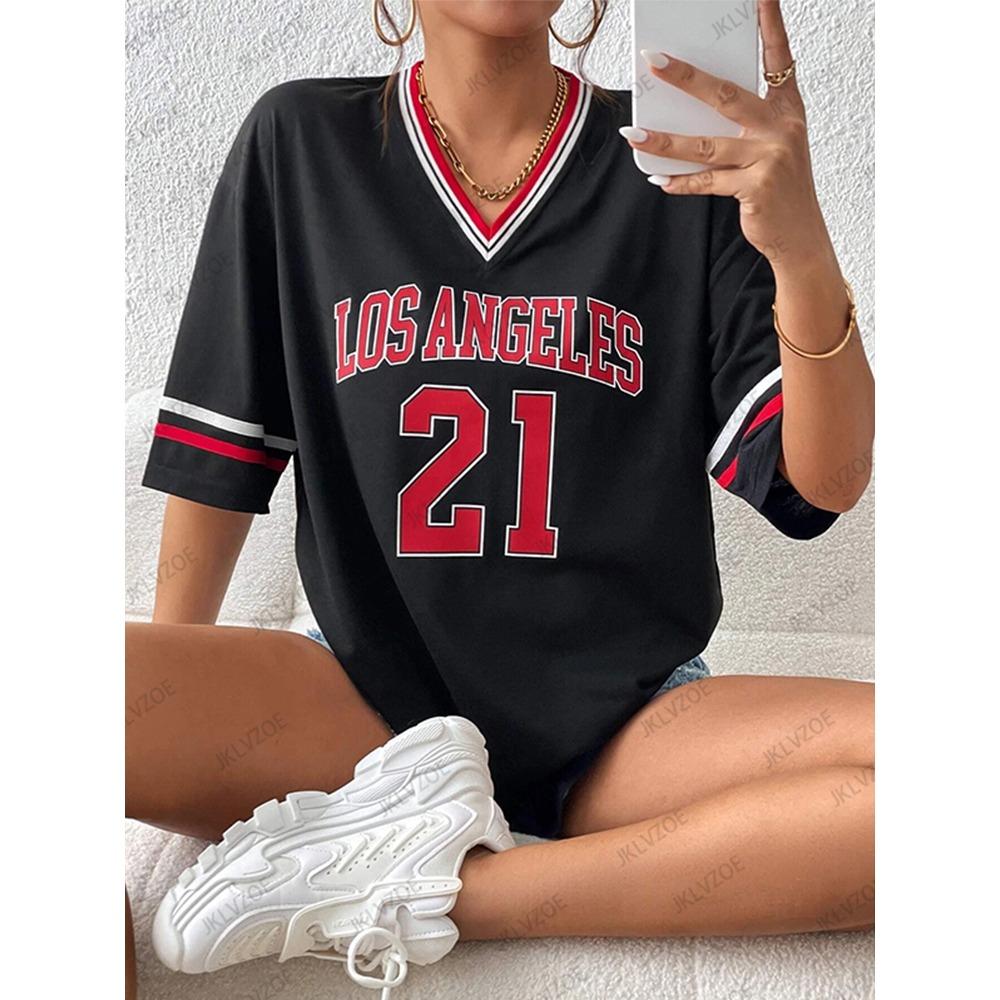 New Los Angeles No.21 Printed T-Shirt For Women Summer V-Neck Short Sleeve Sports Football Jersey Y2K Loose Oversized Tops
