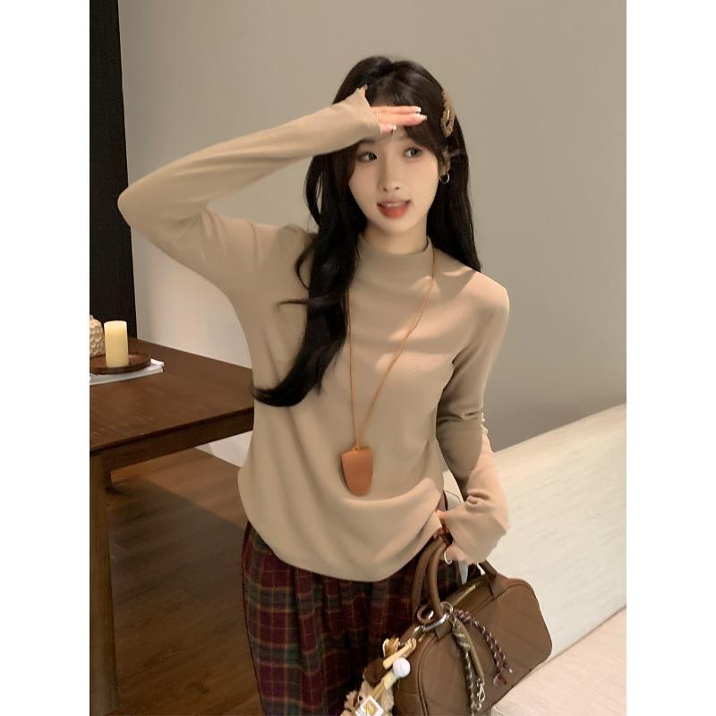 White Basic Brushed Thickened Half-high Collar Long-sleeved Bottoming Shirt for Women In Autumn and Winter, Slim-fitting Top for Small People