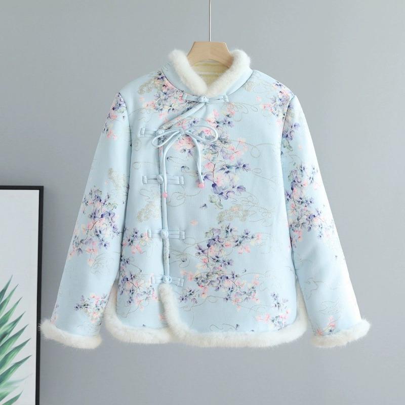 Retro Floral Large Padded Jacket for Women's Winter New Buckle Piled Thickened Padded Jacket