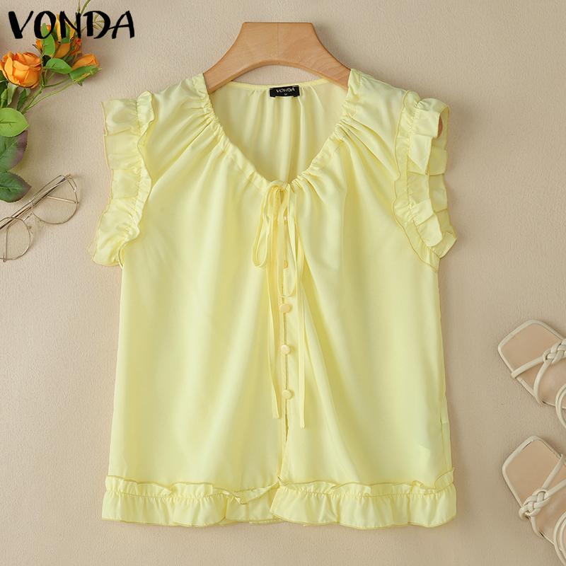 VONDA Summer Women V Neck Ruffled Sleeveless Buttons Up Casual Tank Tops