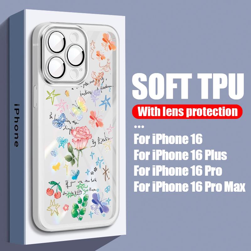 

Мягкий чехол-бампер с принтом бабочки и розы для iPhone 15, 14 Plus, 13, 12 Pro Max, 11, прозрачный силиконовый противоударный чехол для защиты объектива, задняя крышка телефона iPhone 15 чёрный