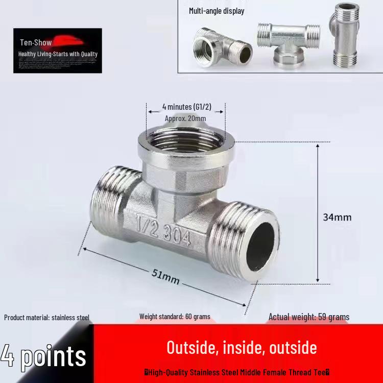 Oțel Inoxidabil Tee Cot Reductor cu Filet Interior: Accesoriu conductă instalații sanitare 6 puncte la 4 puncte