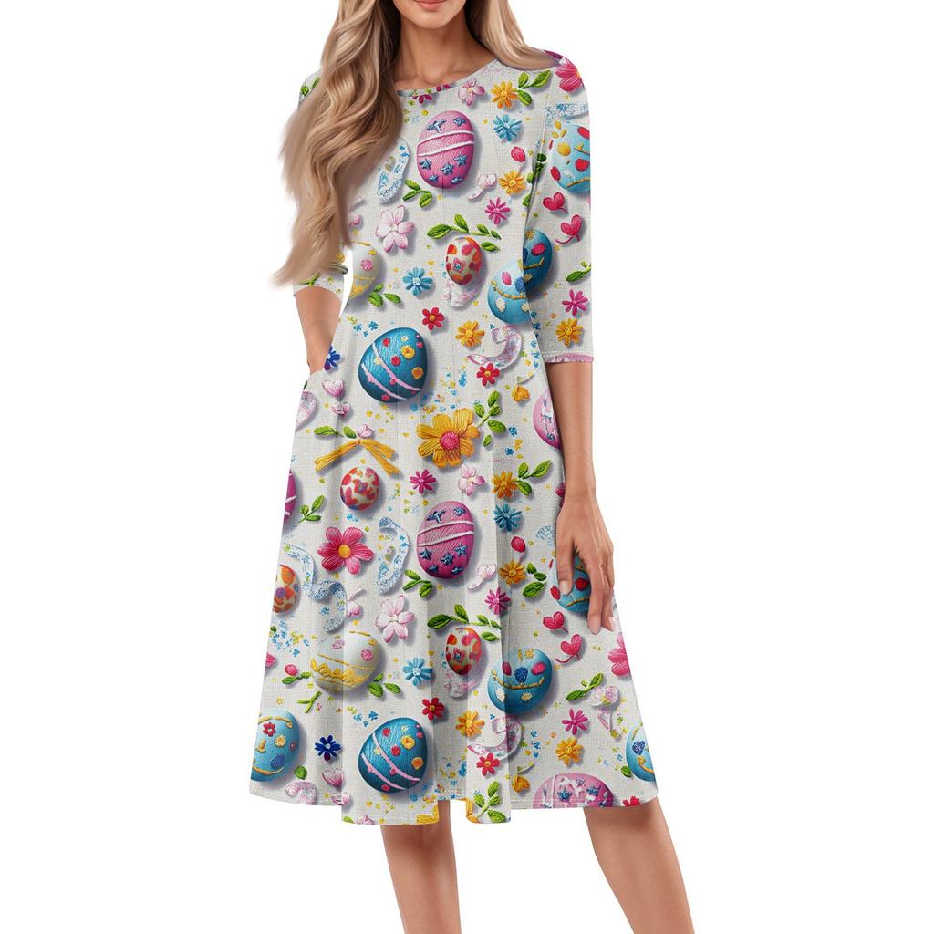 Women's Loose Casual And Fashionable Round Neck Seven Quarter Sleeved Printed Mid Length Dress