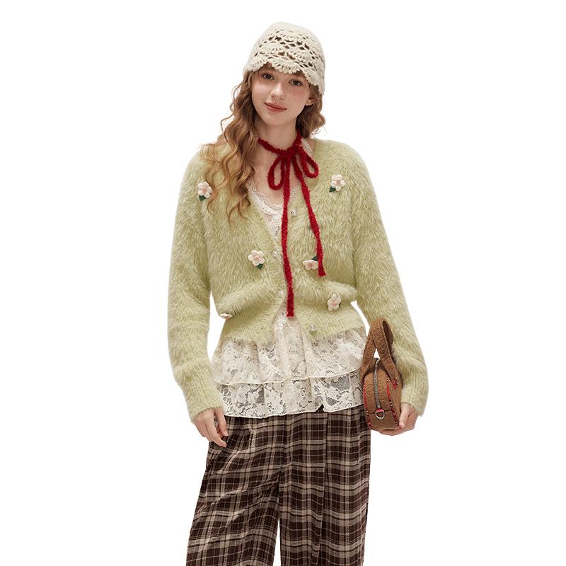 

UNIFREE Women s V-Neck Mohair Blend 3D Floral Cardigan One Size