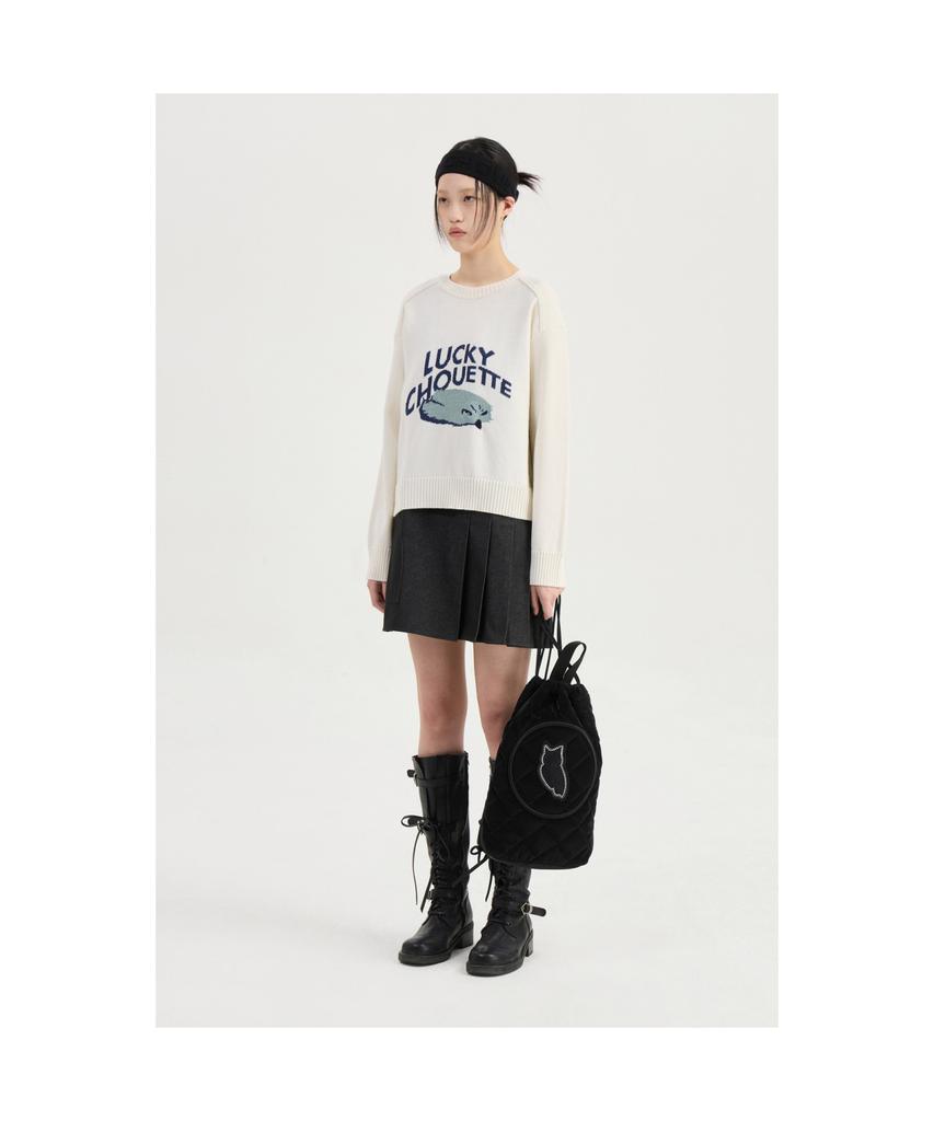 LUCKY CHOUETTE Intarsia Chouette Round Neck Pullover (Ivory)_Lfwas25220Ivx