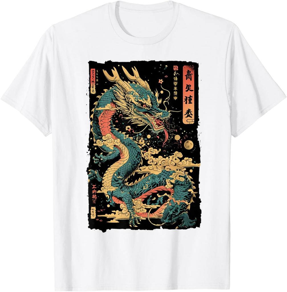 Japanese Dragon Graphic Tee Mens Casual Cotton Print Short Sleeve Crew Neck TShirt